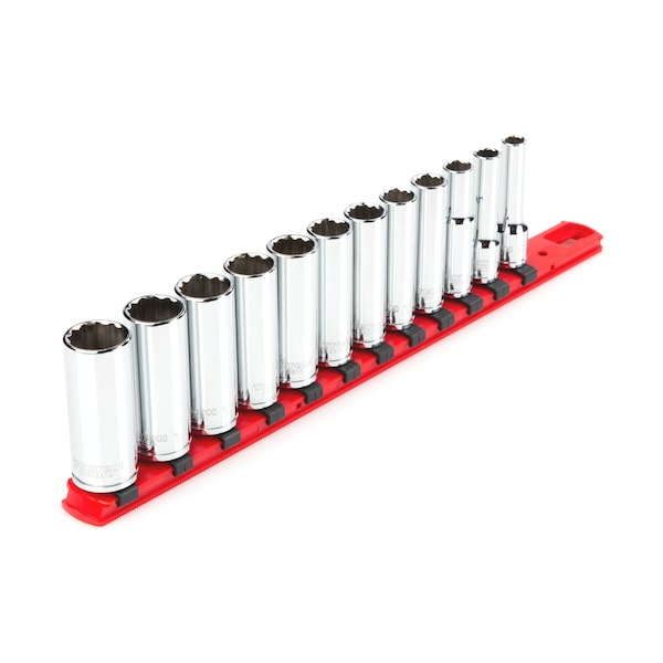 3/8 Inch Drive Deep 12-Point Socket Set with Rail, 12-Piece (8-19 mm)
